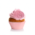 Cupcake with pink frosting and a pink fondant pressing on a white background